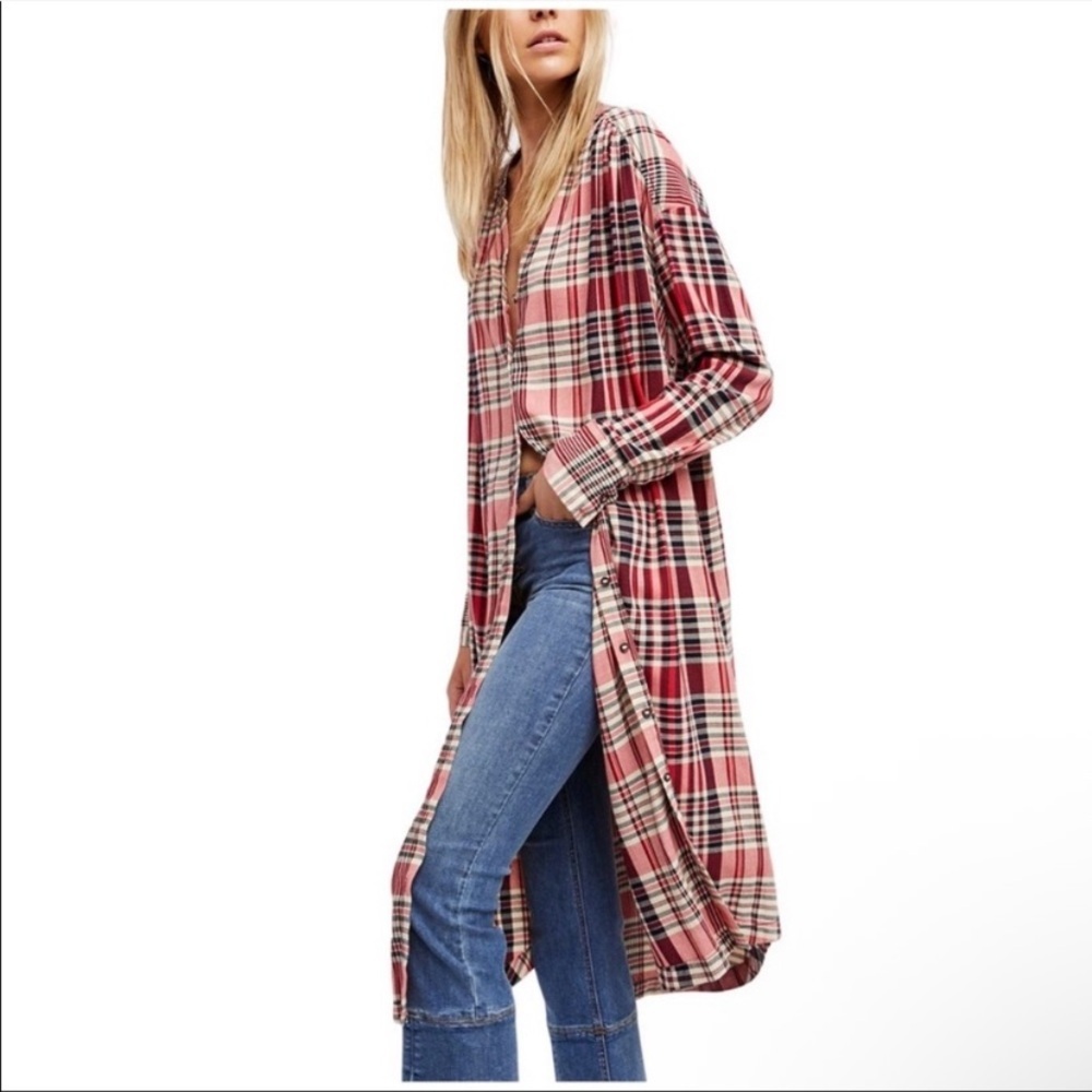 Free People Loralei Plaid Button Down Midi Dress Longline Shirt Size M - Picture 8 of 15